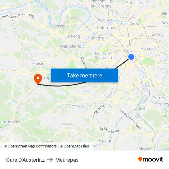 Gare D'Austerlitz to Maurepas map