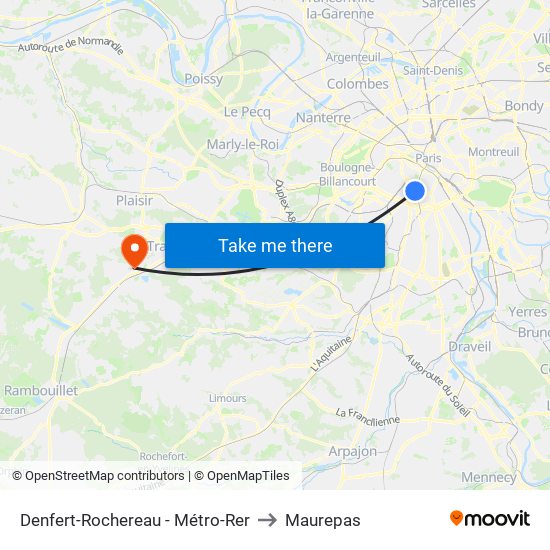 Denfert-Rochereau - Métro-Rer to Maurepas map
