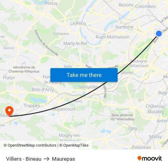 Villiers - Bineau to Maurepas map