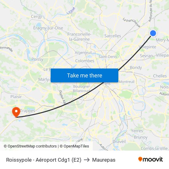 Roissypole - Aéroport Cdg1 (E2) to Maurepas map