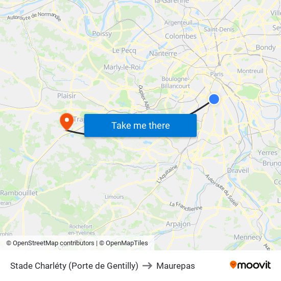 Stade Charléty (Porte de Gentilly) to Maurepas map