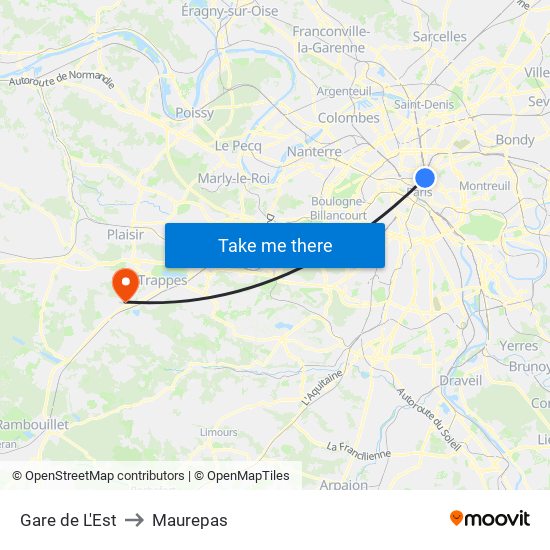 Gare de L'Est to Maurepas map