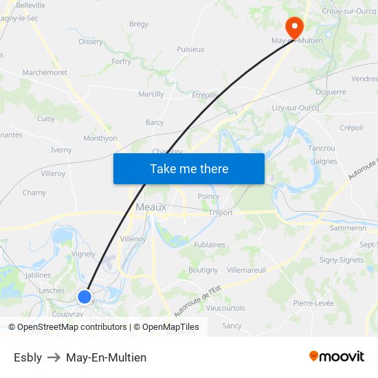 Esbly to May-En-Multien map