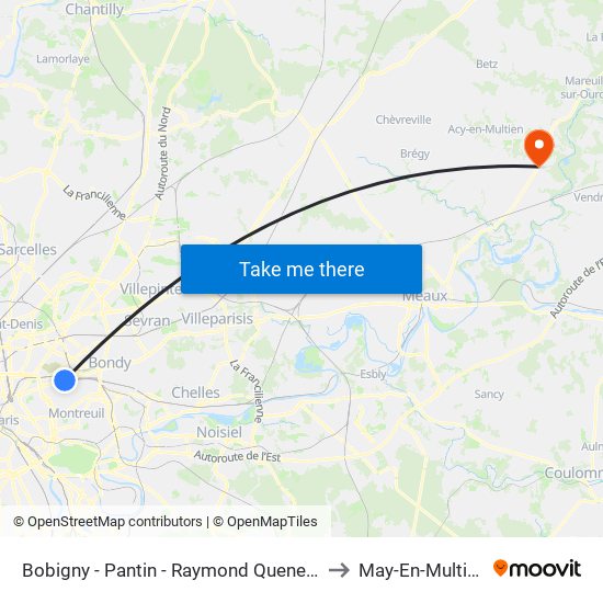 Bobigny - Pantin - Raymond Queneau to May-En-Multien map