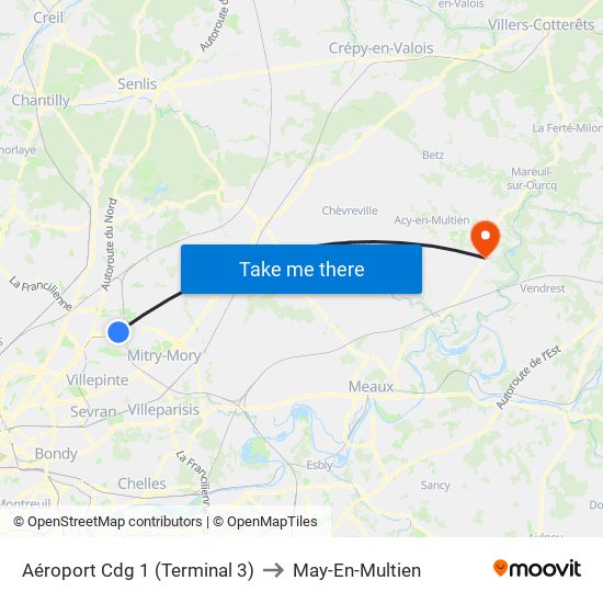 Aéroport Cdg 1 (Terminal 3) to May-En-Multien map