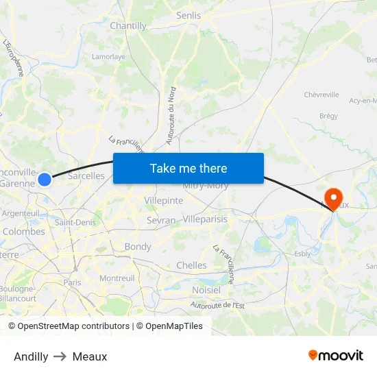 Andilly to Meaux map