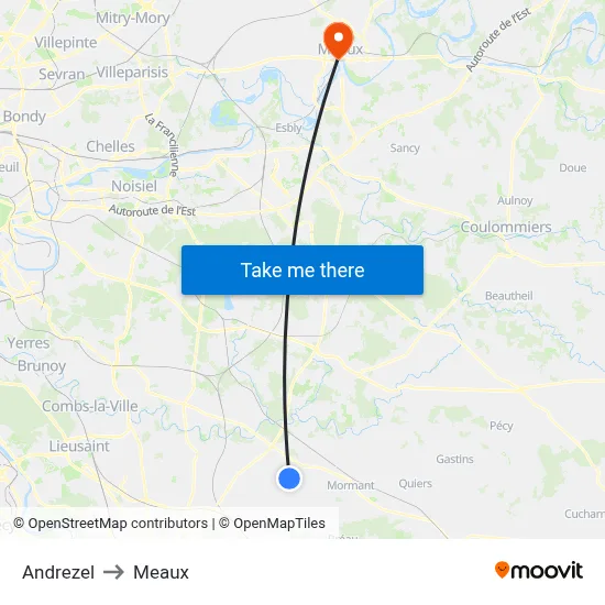 Andrezel to Meaux map