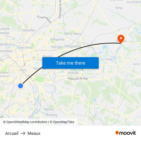 Arcueil to Meaux map