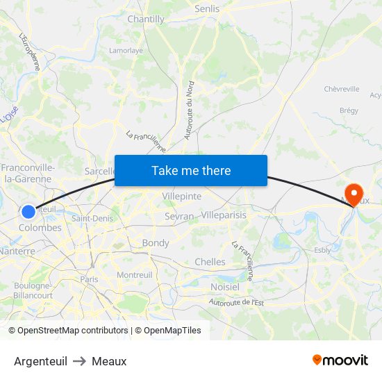 Argenteuil to Meaux map