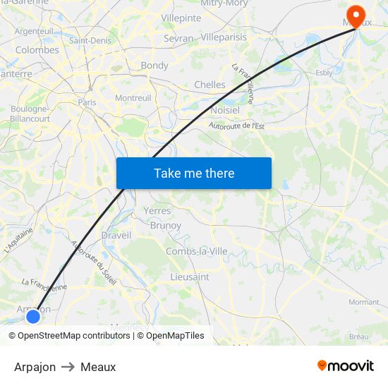 Arpajon to Meaux map