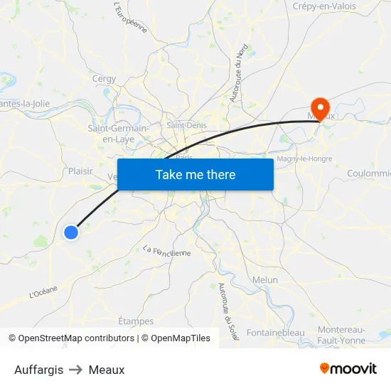 Auffargis to Meaux map