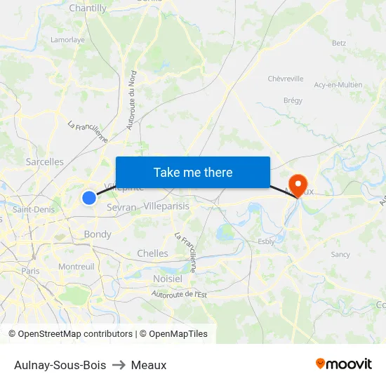 Aulnay-Sous-Bois to Meaux map