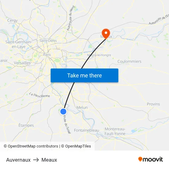 Auvernaux to Meaux map