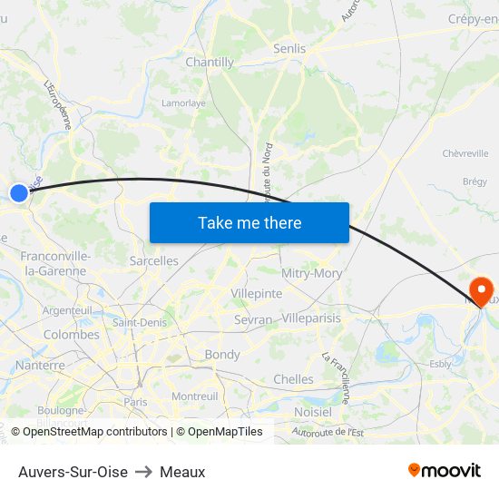 Auvers-Sur-Oise to Meaux map