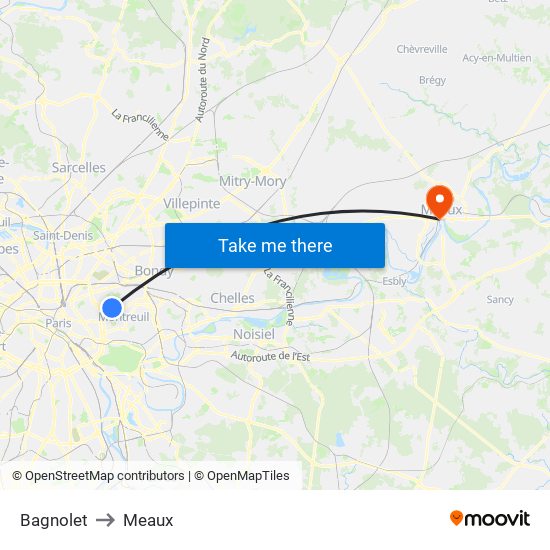 Bagnolet to Meaux map