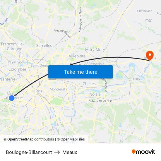 Boulogne-Billancourt to Meaux map