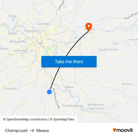 Champcueil to Meaux map