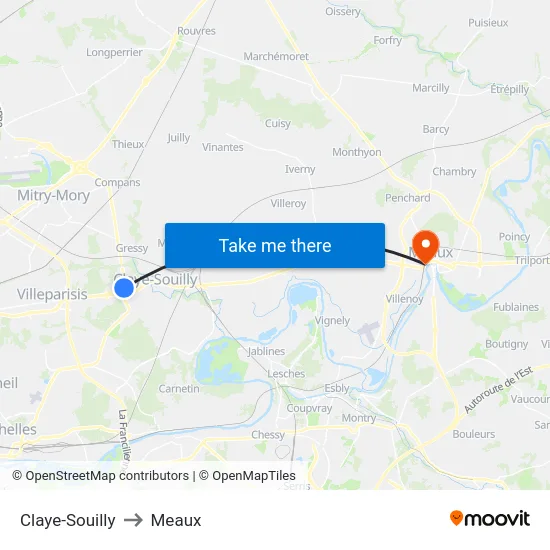 Claye-Souilly to Meaux map
