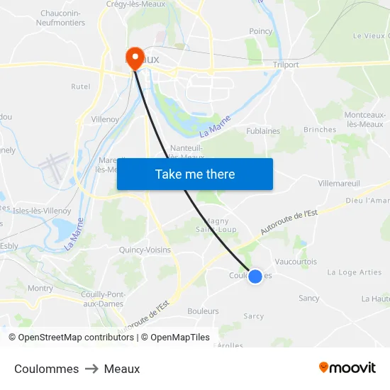 Coulommes to Meaux map