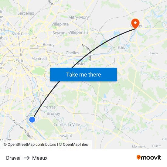 Draveil to Meaux map