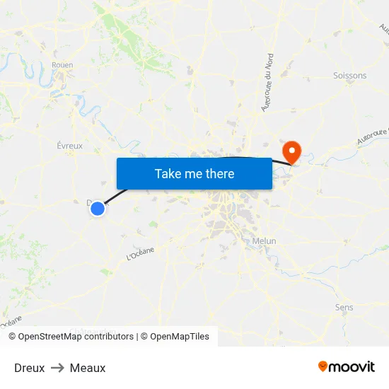 Dreux to Meaux map