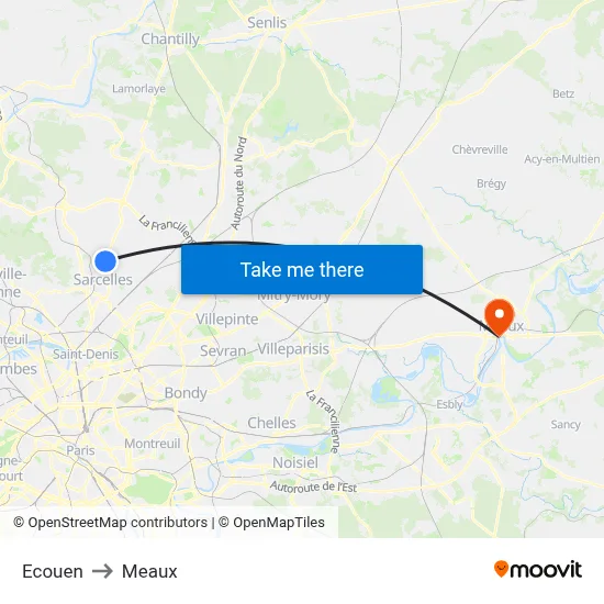 Ecouen to Meaux map