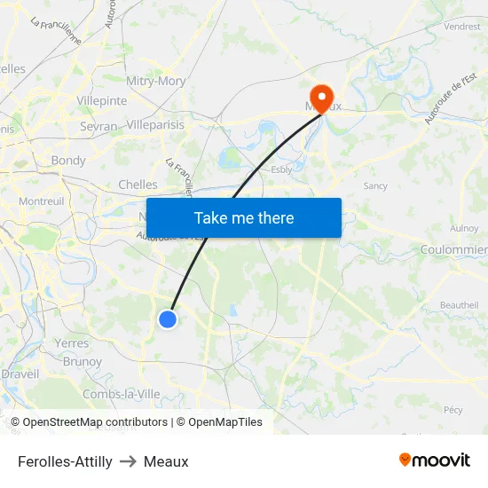 Ferolles-Attilly to Meaux map