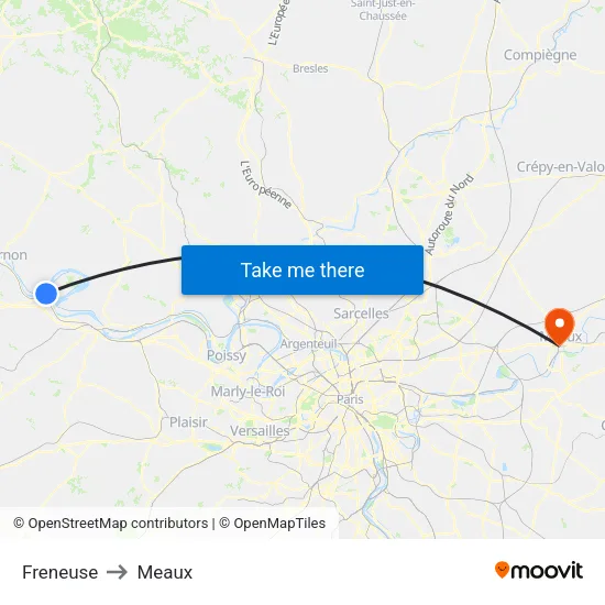 Freneuse to Meaux map
