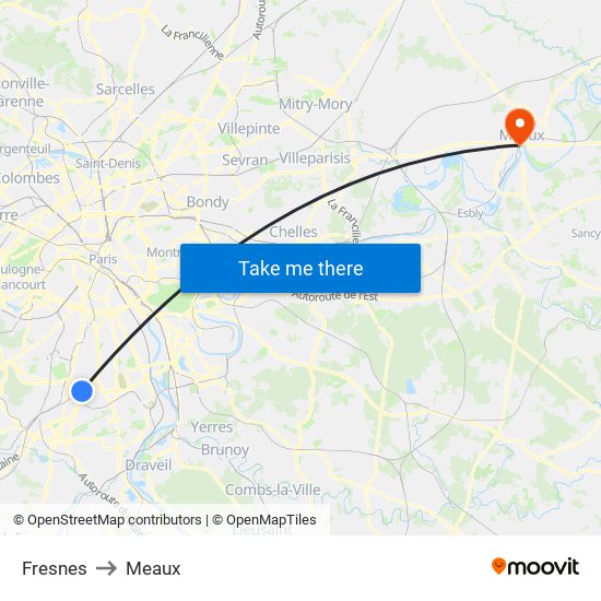 Fresnes to Meaux map