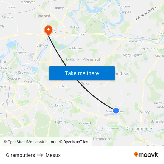 Giremoutiers to Meaux map