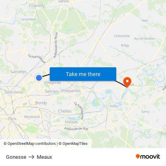 Gonesse to Meaux map