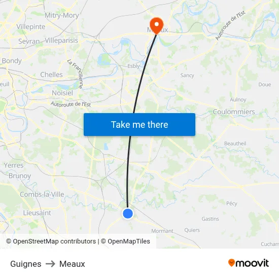 Guignes to Meaux map