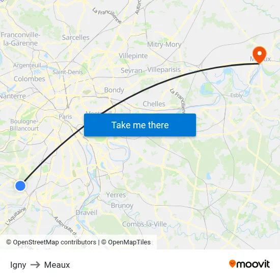 Igny to Meaux map