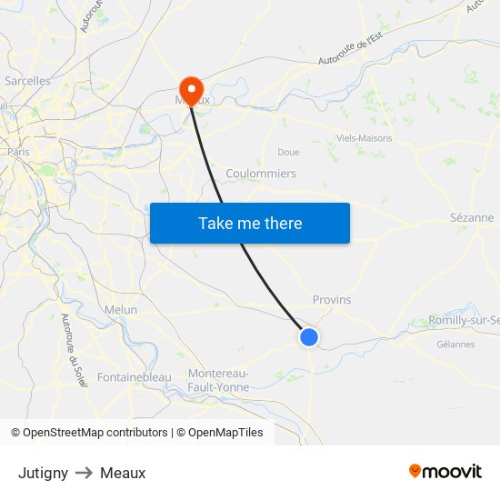 Jutigny to Meaux map