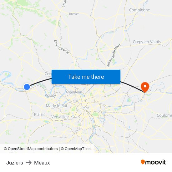 Juziers to Meaux map