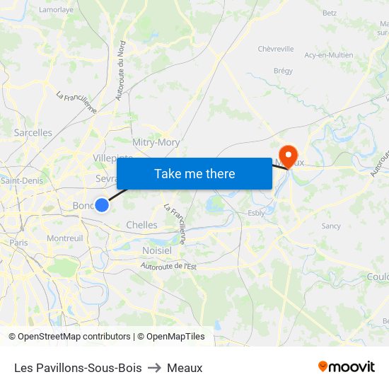 Les Pavillons-Sous-Bois to Meaux map