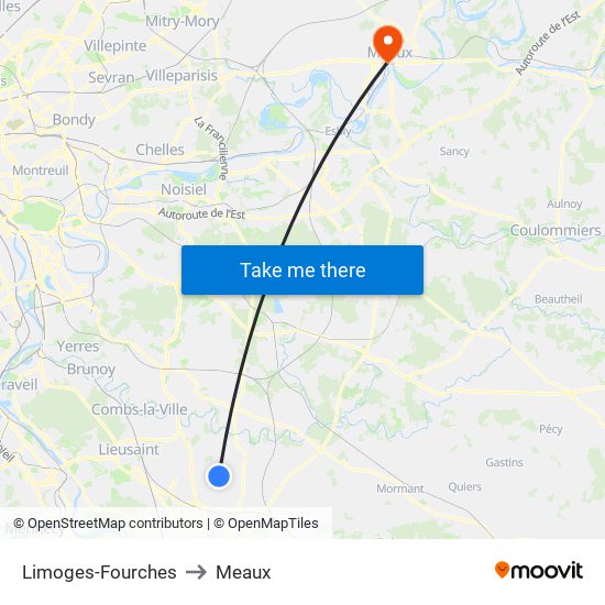 Limoges-Fourches to Meaux map