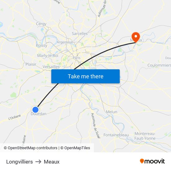 Longvilliers to Meaux map