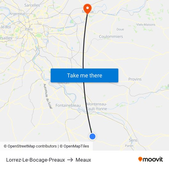 Lorrez-Le-Bocage-Preaux to Meaux map