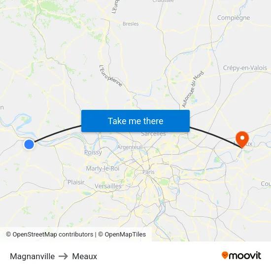 Magnanville to Meaux map