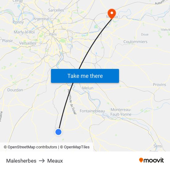 Malesherbes to Meaux map