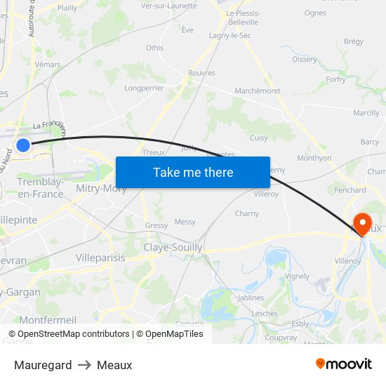 Mauregard to Meaux map