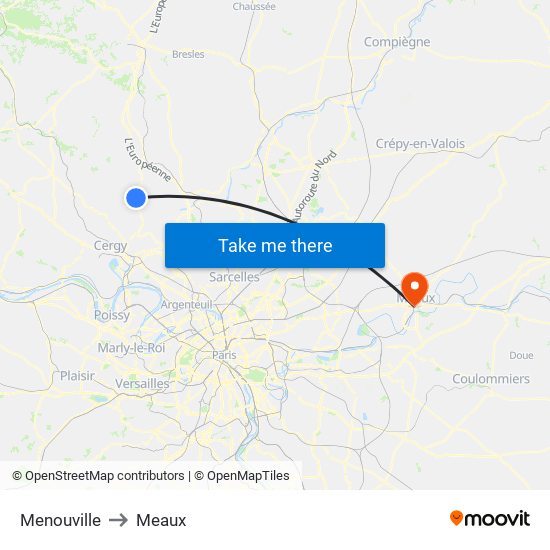 Menouville to Meaux map