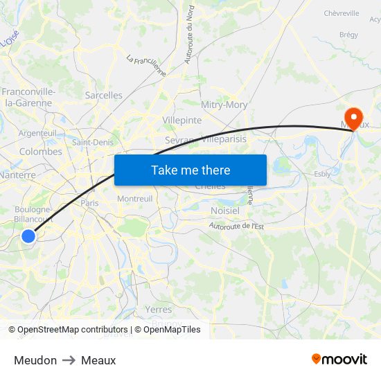 Meudon to Meaux map