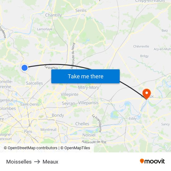 Moisselles to Meaux map