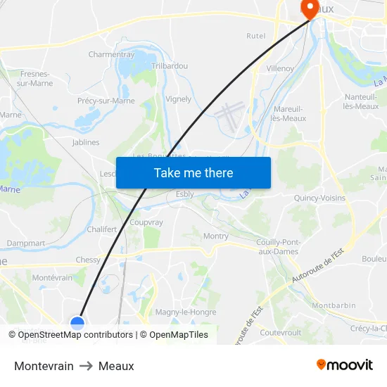 Montevrain to Meaux map