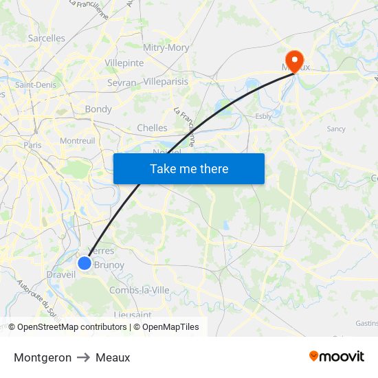 Montgeron to Meaux map