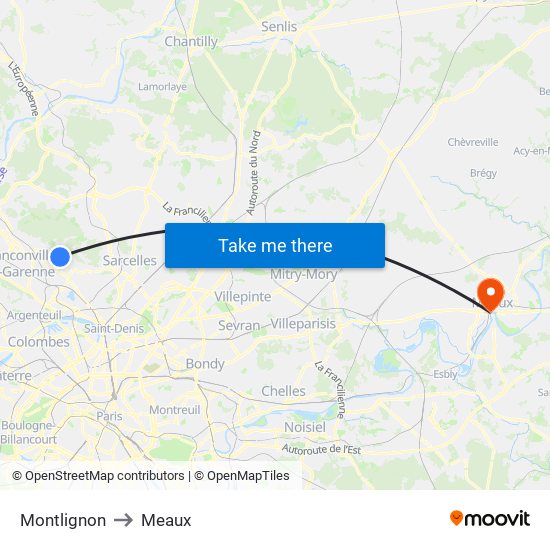 Montlignon to Meaux map