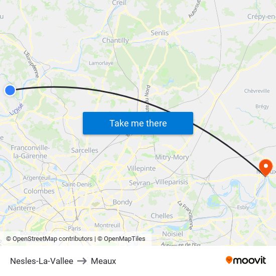 Nesles-La-Vallee to Meaux map