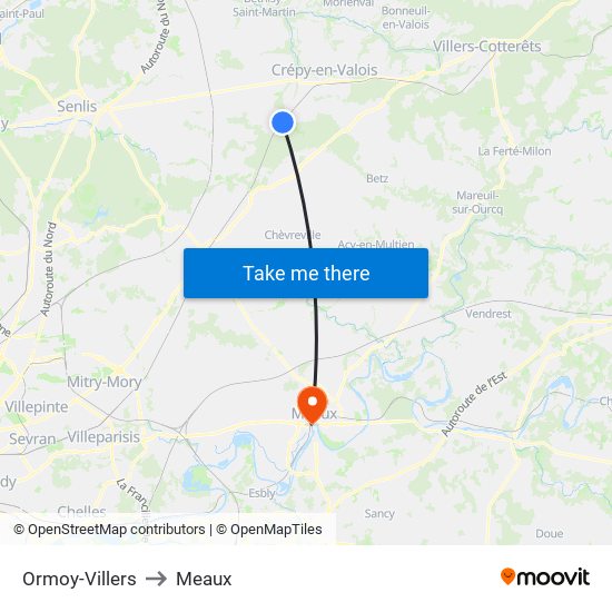 Ormoy-Villers to Meaux map